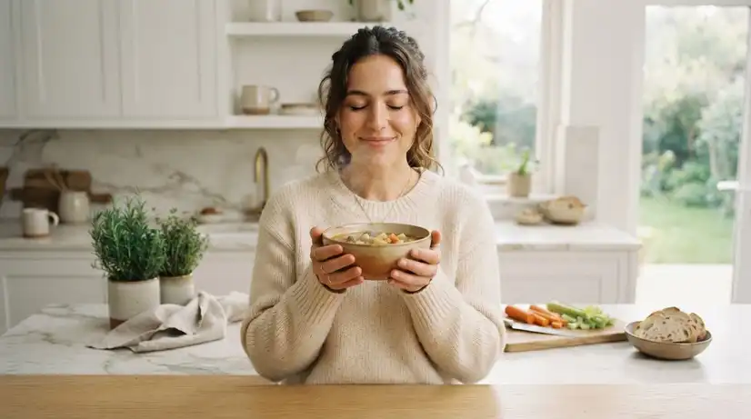 Person in minimalist modern kitchen holding warm soup bowl with closed eyes enjoying aroma in peaceful wellness setting