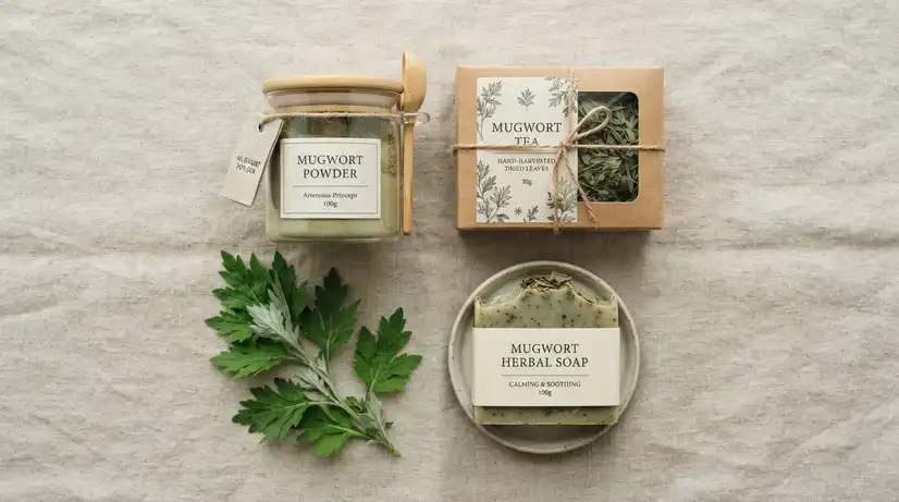 Overhead view of mugwort powder jar, dried tea box, handmade soap, and fresh mugwort sprig on light linen fabric