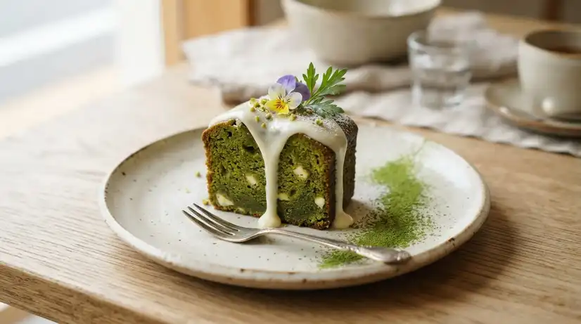 Elegant green-hued mugwort pound cake slice with white chocolate drizzle and edible flower on ceramic plate