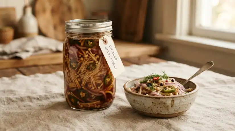 Glass jar filled with pickled Enoki mushrooms, green chili peppers, and red onions in soy brine on linen tablecloth