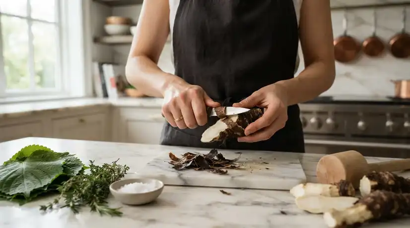 Close-up of hands skillfully peeling Deodeok root on marble countertop with fresh herbs and wooden mallet in bright kitchen