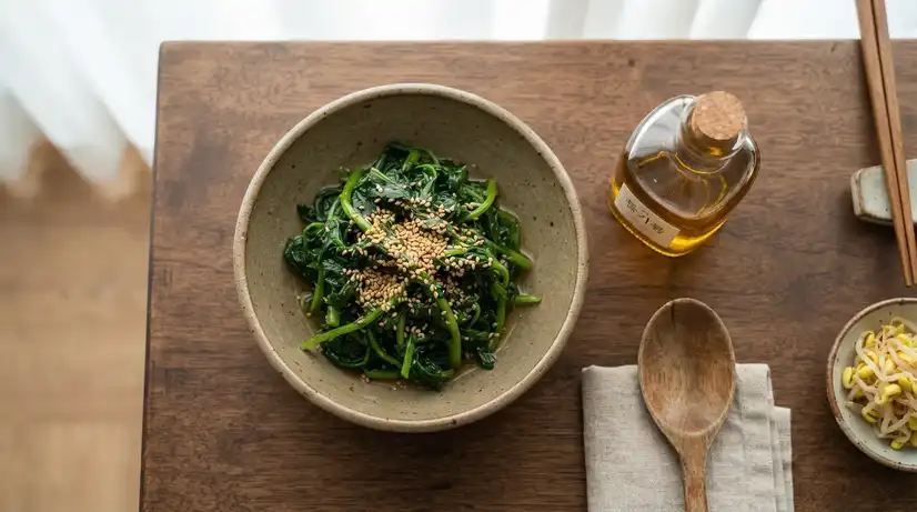 Overhead view of glossy seasoned Chwinamul with perilla oil and sesame seeds on traditional Korean wooden table
