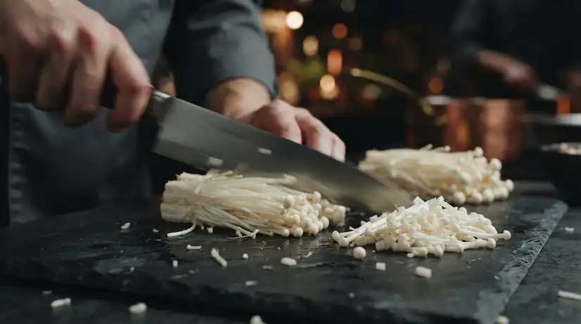 Close-up action shot of chef knife slicing fresh Enoki mushrooms into 1-2cm pieces on dark slate board with moody lighting