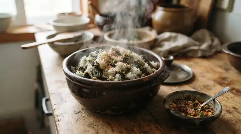 Steaming pot of Korean Aster Leaf rice with fluffy white rice topped with seasoned green leaves and soy sauce side dish