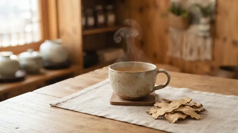 Serene scene of steaming Deodeok tea in ceramic mug with dried root slices on linen cloth in cozy wooden interior