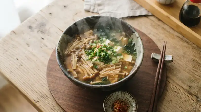 Top-down view of steaming ceramic bowl with Miso soup, Enoki mushrooms, tofu cubes, and green scallion garnish