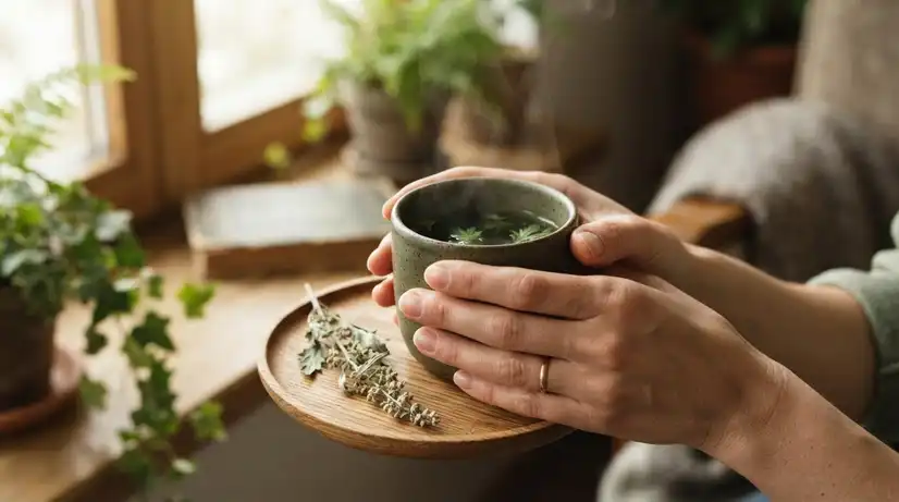 Close-up of hands holding minimalist ceramic cup with steaming green mugwort tea in serene natural window light