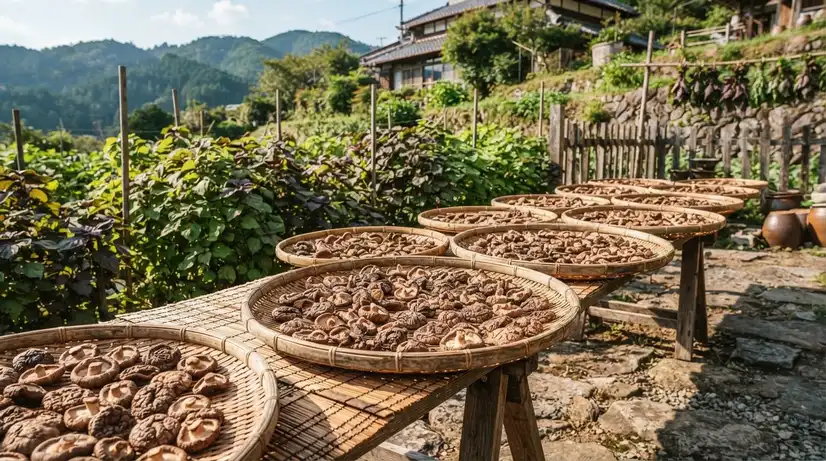 Peaceful outdoor scene of shiitake mushrooms naturally sun-drying on bamboo trays with perilla plants in background