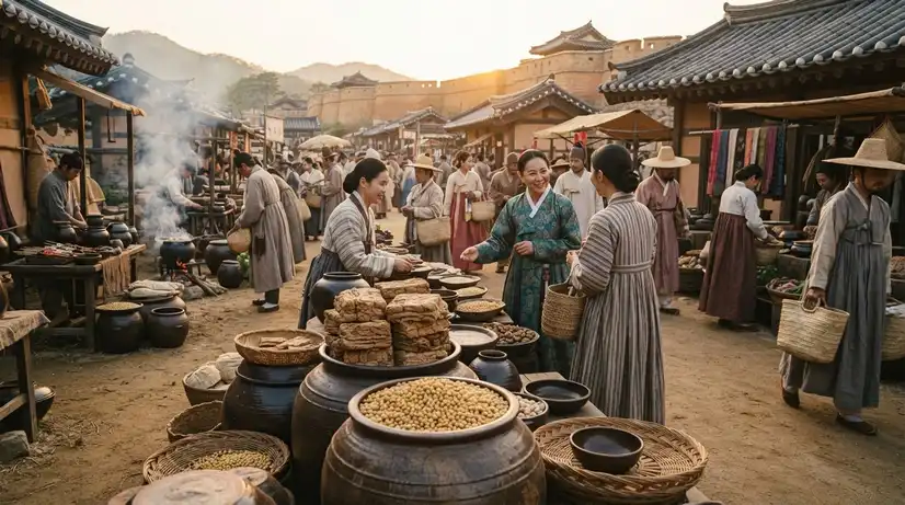 Ancient Baekje Kingdom marketplace with earthenware jars filled with soybeans and meju blocks 