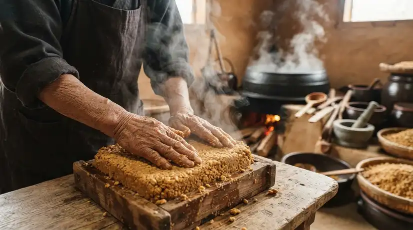 Elderly artisan weathered hands shaping mashed golden soybeans into rectangular Meju brick with steam rising from hot bean mash and traditional iron cauldron