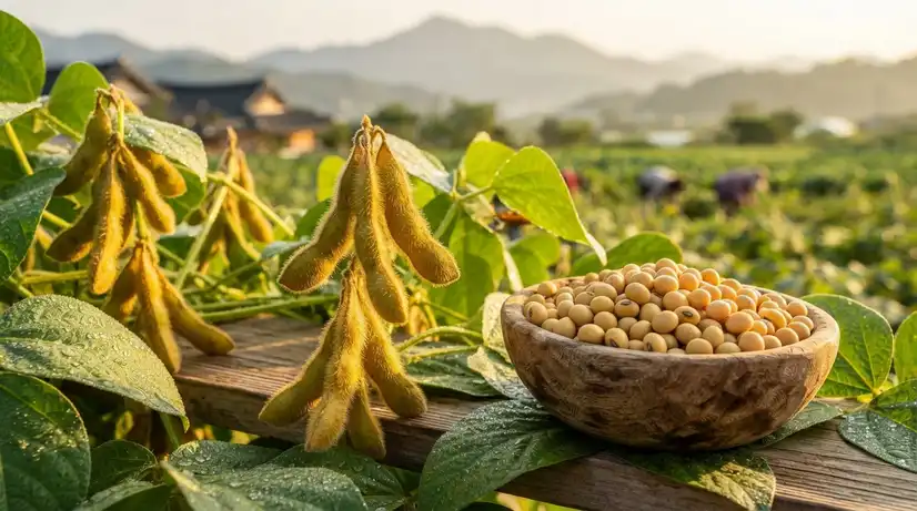 Golden soybeans in wooden bowl with ripe soybean pods in Chungcheong fertile field