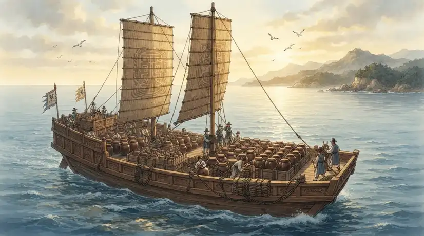 Ancient Baekje trade ship carrying onggi jars across sea to Japan