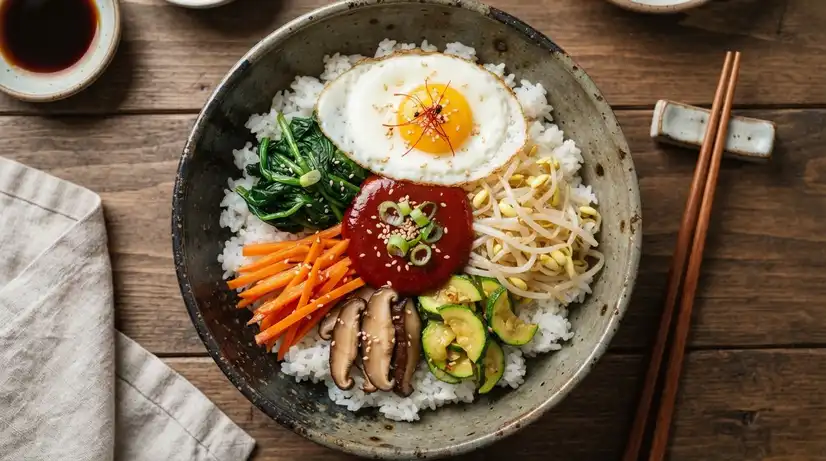 Traditional Korean Bibimbap bowl with red Gochujang dollop centered on rice surrounded by colorful vegetables