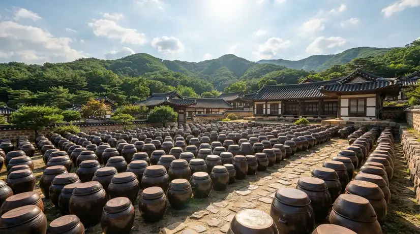 Hundreds of traditional onggi fermentation jars in Buyeo courtyard preserving Baekje legacy
