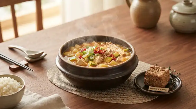 Elegantly plated steaming Doenjang-jjigae soybean paste stew with tofu and vegetables beside traditional Meju brick piece on minimalist wooden table
