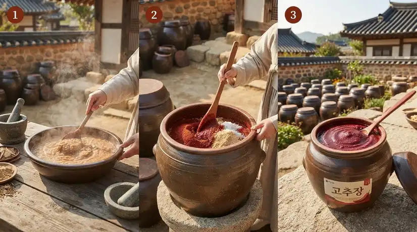 Step-by-step visual of Gochujang fermentation showing three stages: rice and malt mixture, ingredients mixing in earthenware crock, and finished paste in traditional Onggi jar