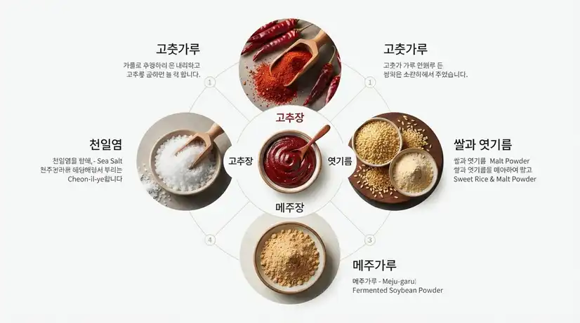 Educational infographic showing four key Gochujang components in circular arrangement: red chili powder, glutinous rice and malt, fermented soybean powder, and sea salt around central Gochujang bowl