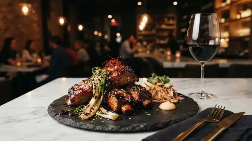 Modern upscale Gochujang-glazed pork ribs on slate plate with red wine in contemporary restaurant setting