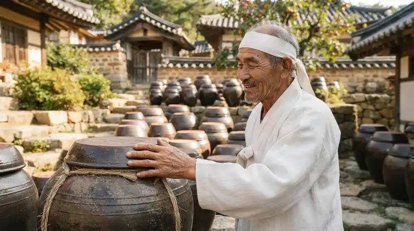 Portrait of elderly Korean Gochujang grandmaster in white hanbok standing beside Onggi jars, weathered hands showing decades of traditional fermentation craftsmanship