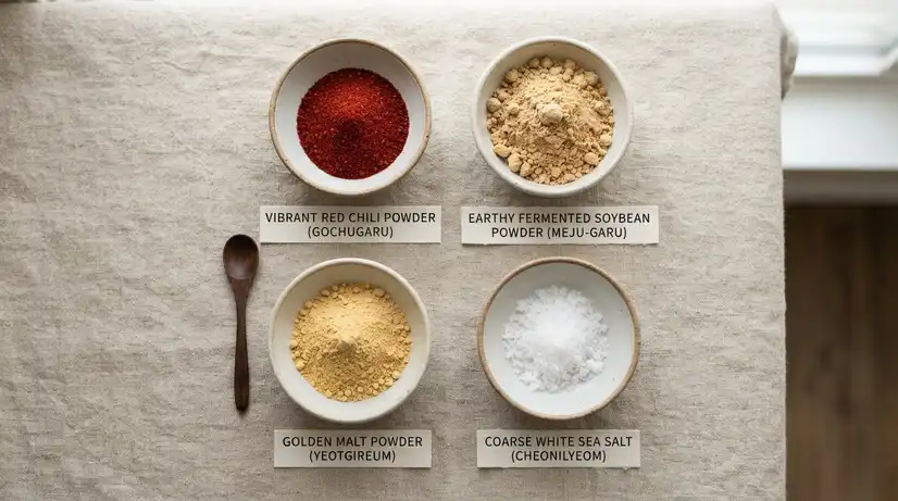 Flat lay of four key Gochujang ingredients in ceramic bowls: red chili powder, fermented soybean powder, malt powder and sea salt