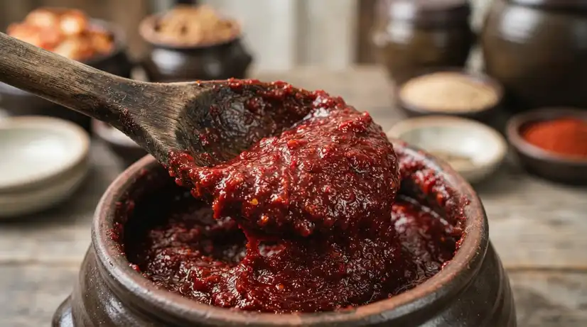 Extreme close-up of thick glossy red Gochujang fermented chili paste being scooped with wooden spoon
