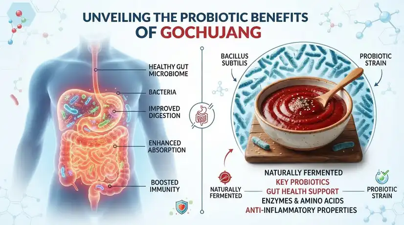 Educational health infographic showing Gochujang probiotic benefits with human digestive system and Bacillus subtilis bacteria illustration in medical style