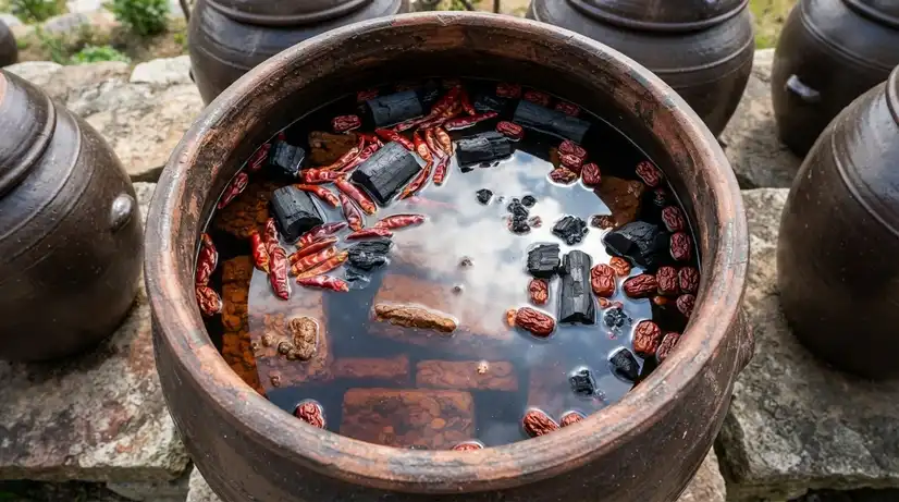 Top-down view into Korean earthenware Onggi jar with Meju bricks submerged in dark brine, red chili peppers, charcoal and jujubes floating on surface