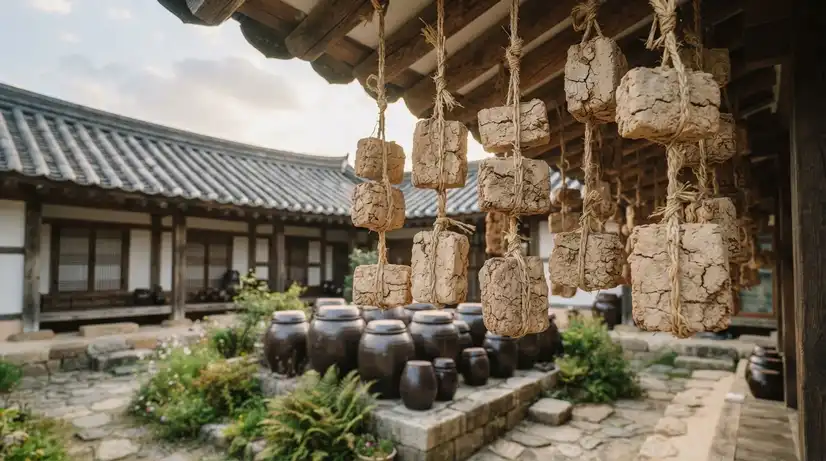 Traditional Korean Meju soybean bricks tied with rice straw ropes hanging under Hanok wooden eaves with afternoon sunlight and Onggi jars in courtyard